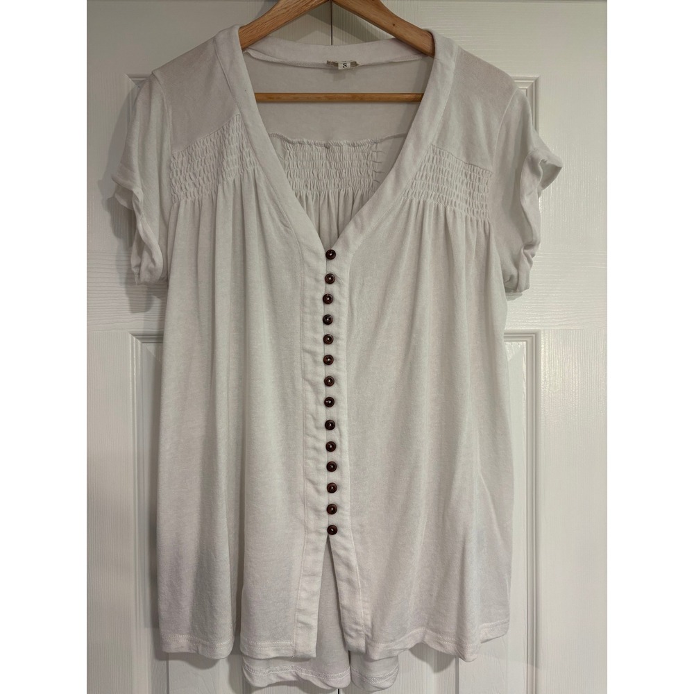 POL Ivory Short Sleeve Blouse Button Front Wool Blend Flowy Women's Small - Picture 1 of 6